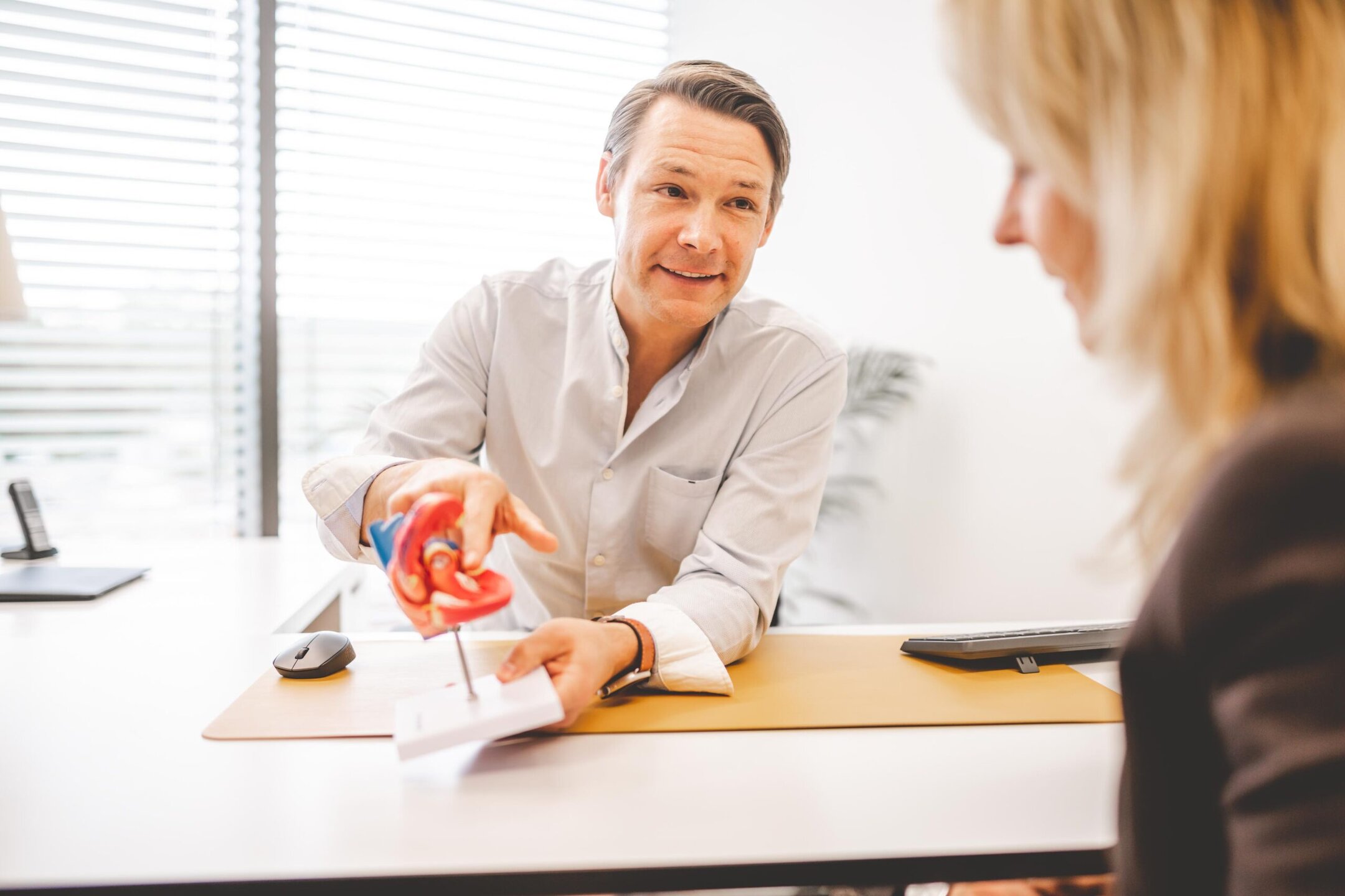 Dr. Sven Hausen zeigt Patientin ein Modell des Herzens