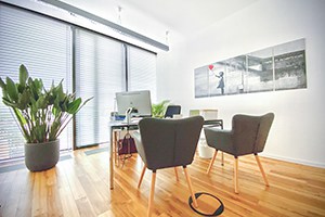 Praxisraum mit zwei Stühlen, Tisch und einer großen Pflanze